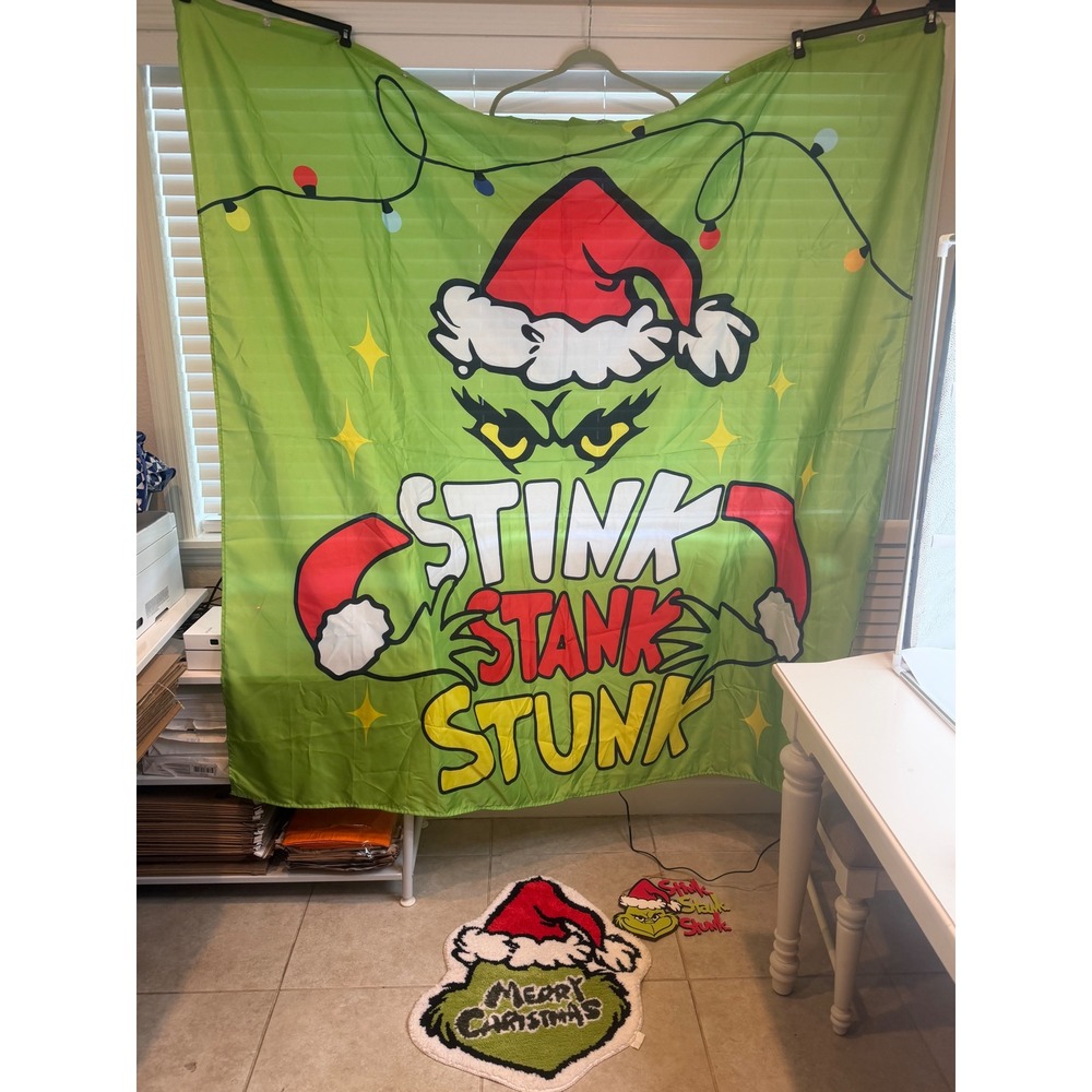 Grinch Christmas Decor Bundle Backdrop Bath Mat Wooden Sign Stink Stank Stunk